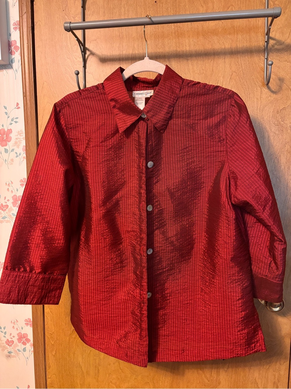 Coldwater Creek Shimmery Ruby Red Button-Down Top.